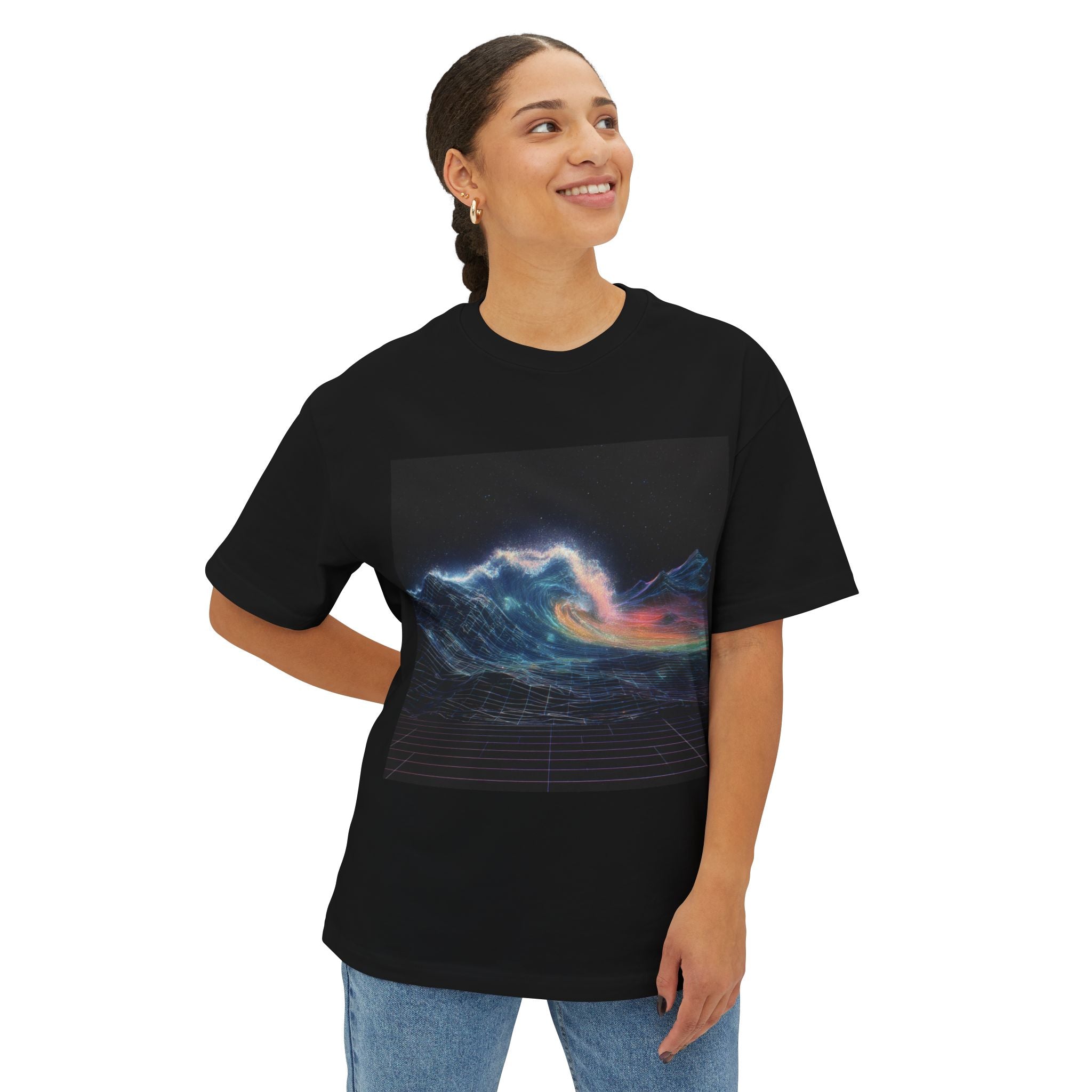 Cosmic Wave Tee — Rainbow Nebula Surf Graphic T-Shirt
